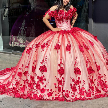 Red Off The Shoulder 3D Flowers Sweet 16 Party Dress Quinceanera Dresses HZ1023